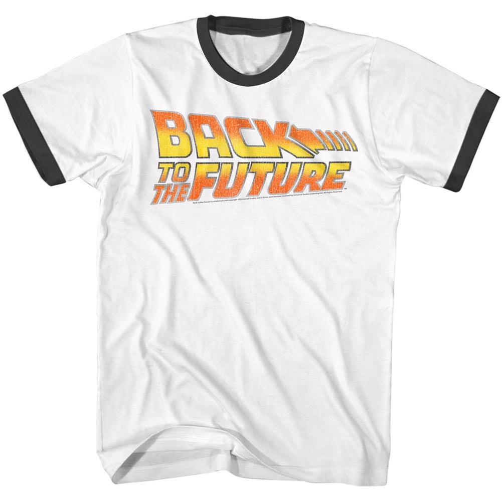Back To The Future Mens S/S Ringer T-Shirt - Worn Logo - Solid/Solid White/Black Hoodie, Sweatshirt | CiraTrend.com