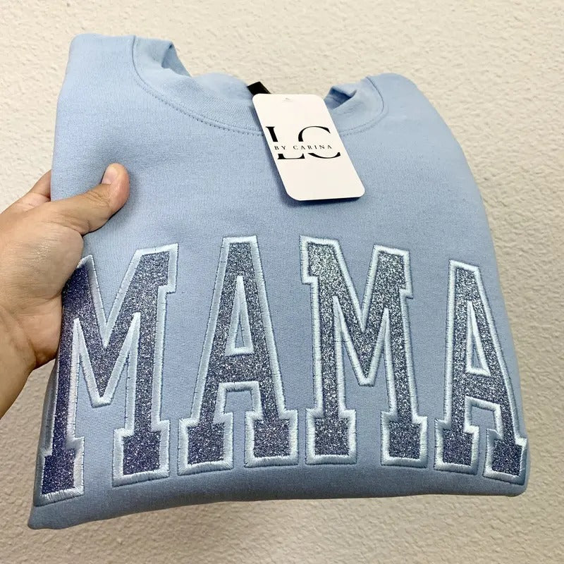 Baby Blue Glitter Embroidered Mama Sweater | Cozy and Stylish Mom Sweatshirt | Sparkly Mom Life Apparel | Unisex...