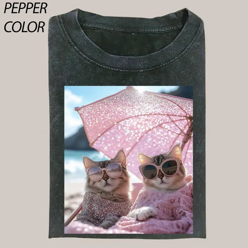 Baby in the Beach Cute moments of meow T-Shirt, Cute Cat Shirt, Cat Love Vintage Graphic Tee, Funny Cat Shirt, Women's...