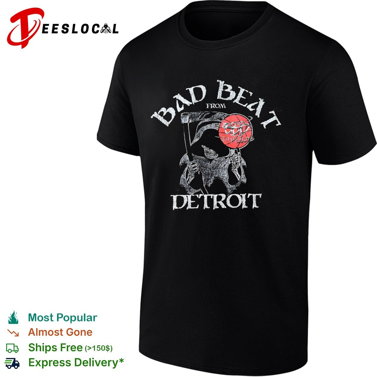 Bad Beat from Detroit grim reaper basketball typography graphic shirt