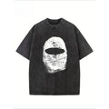 "Balaclava Fingerprint" Creative Pattern Printing Heavy 230g Pure Cotton Oversized Drop Shoulder T-shirt Washed T-shirt Men's Retro Street T-shirt Basic T-shirt Loose Hip-hop Unisex Top Acid Wash T-shirt