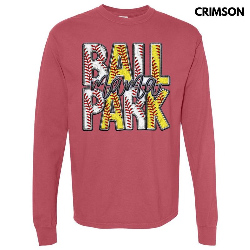 Ball Park Mama Faux Embroidery Long Sleeve Comfort Colors T-Shirt Hoodie, Sweatshirt | CiraTrend.com