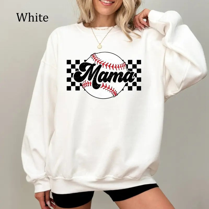 Baseball Mama Checkered Sweatshirt, Casual Cotton Baseball Mom Shirt, Sports Mom Shirt, Cozy Fleece Sweatshirt, Everyday...