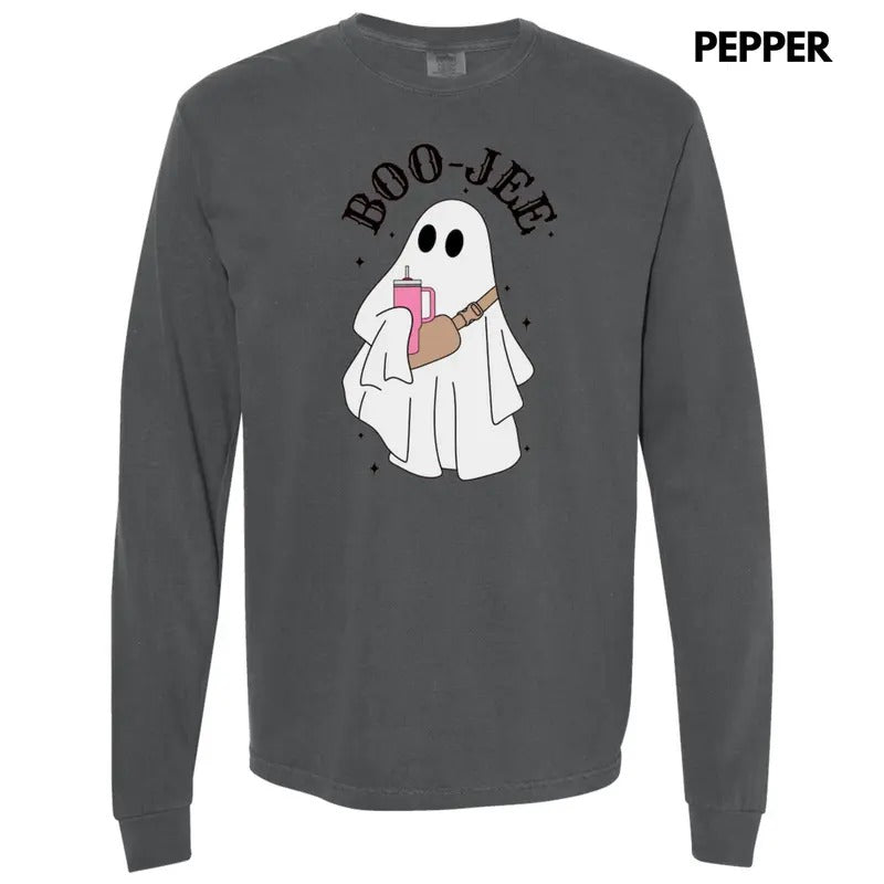 Basic BOO-JEE Ghost Long Sleeve Comfort Colors T-Shirt Hoodie, Sweatshirt | CiraTrend.com