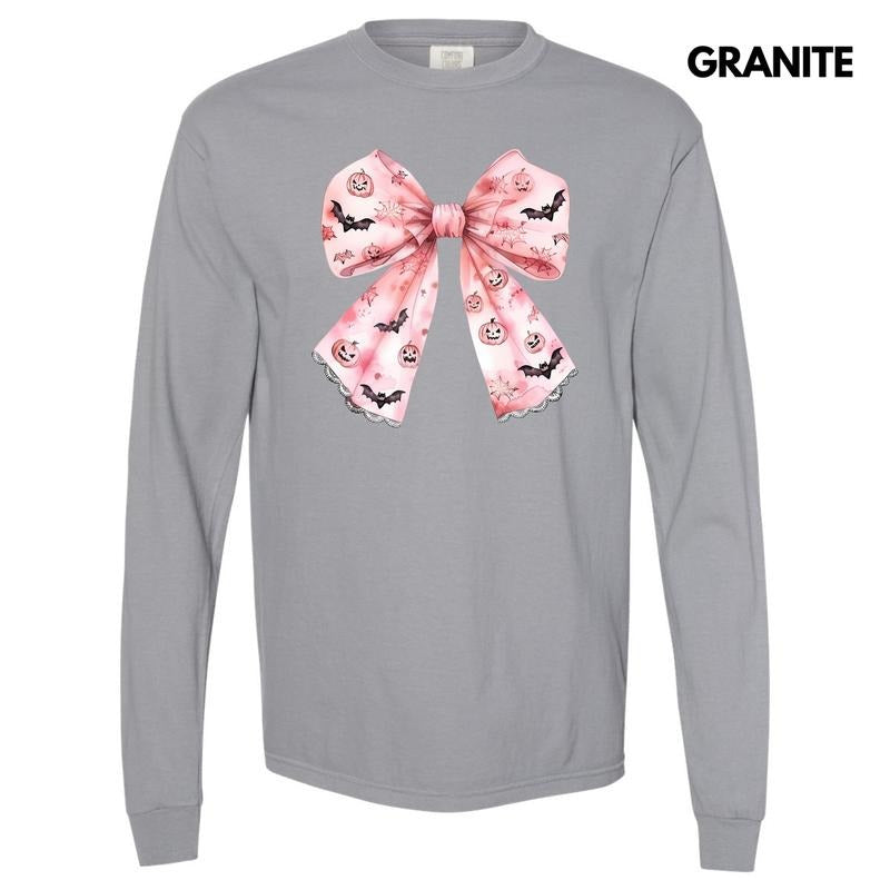 Bat & Pumpkin Pink Bow Long Sleeve Comfort Colors T-Shirt 'NLB' Hoodie, Sweatshirt | CiraTrend.com