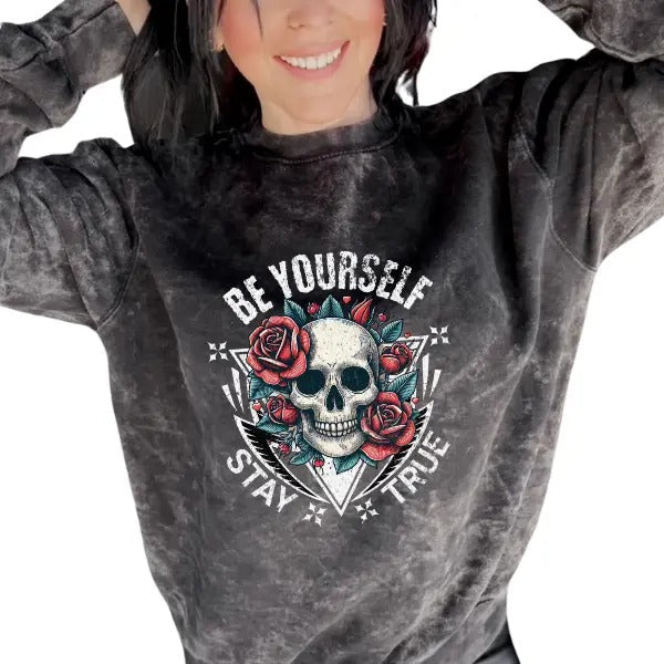 'Be Yourself, Stay True' Crewneck Sweatshirt, T Shirt, or Hoodie | Grunge Aesthetic Pullover | Casual, Comfort, Skulls, Retro, Streetwear, Unisex Fit