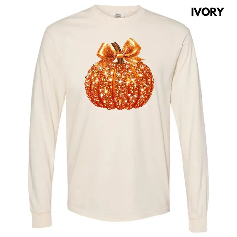 Bejeweled Orange Pumpkin Long Sleeve Comfort Colors T-Shirt 'NLB' Hoodie, Sweatshirt | CiraTrend.com