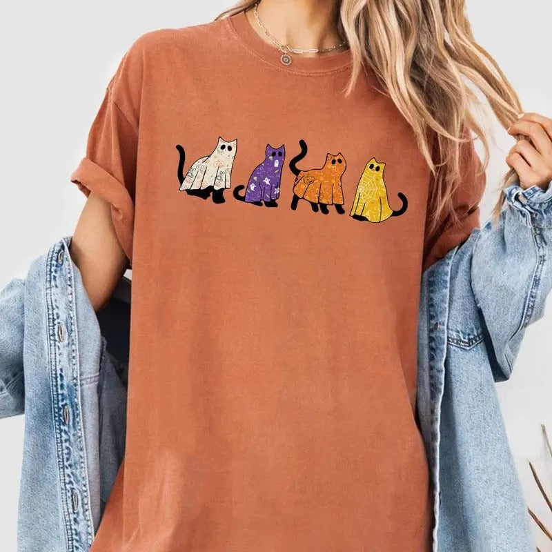 Black Cat Halloween Sweatshirt, Black Cat Ghost Shirt, Halloween Cat T-Shirt, Spooky Season, Halloween Shirts For Women,...