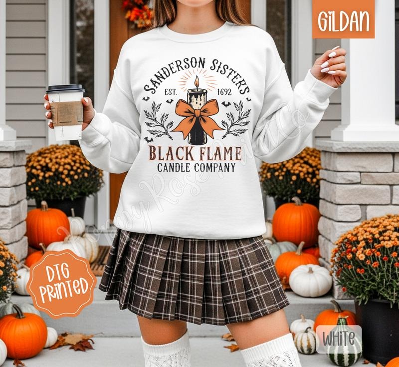Black Flame Candle Sweatshirt, Trendy Women's Halloween Crewneck T-Shirts, Hoodie | CiraTrend.com