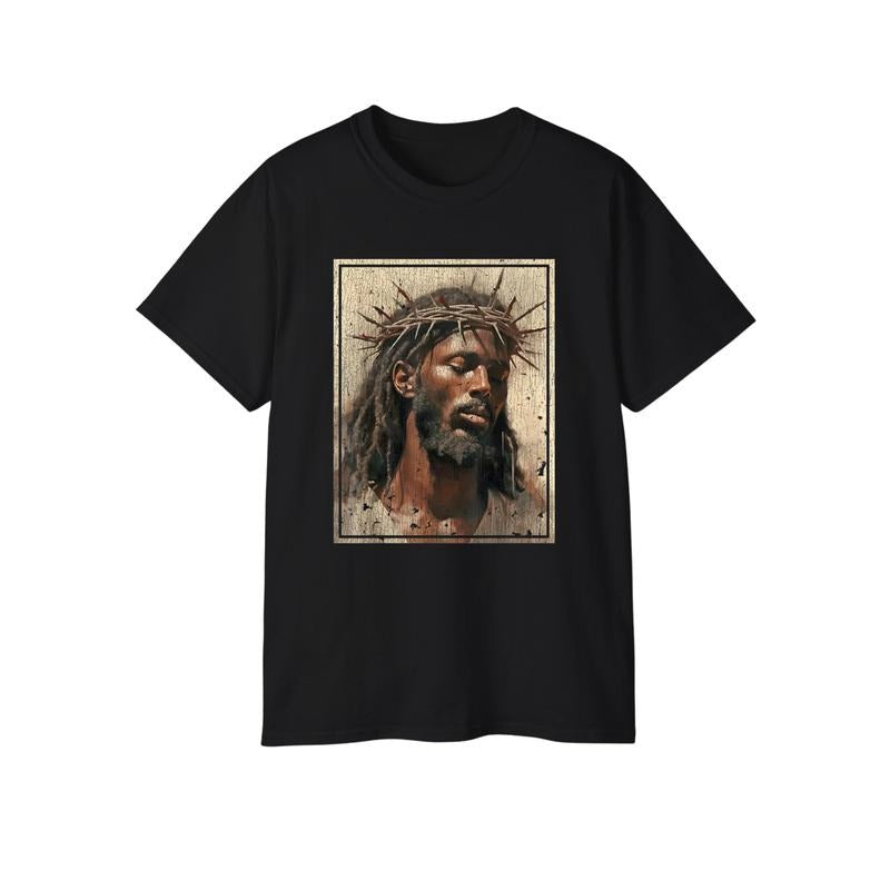 Black Jesus Shirt Face Of Jesus Cross With Crown Of Thorns T-Shirt