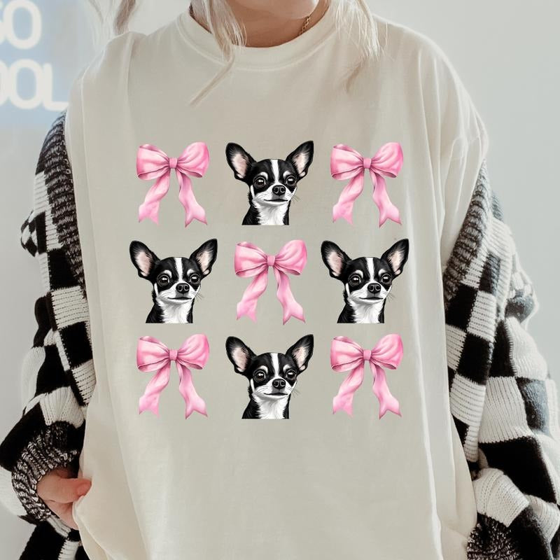 Black and White chihuahua with bows Shirt~ Unisex Apparel Relaxed Fit Printed In The USA Clothing Womenswear Casual...
