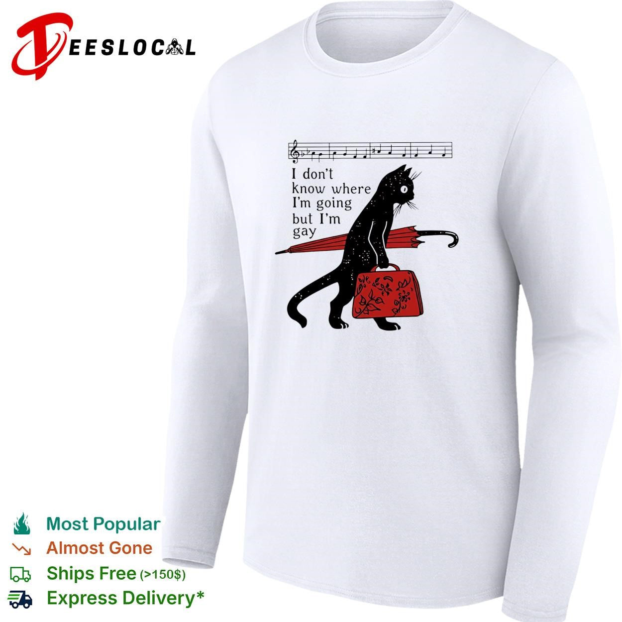 Black cat holding red umbrella and backpack I don’t know where I’m going but I’m gay shirt