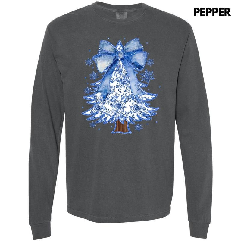 Blue Chinoiserie Christmas Tree Long Sleeve Comfort Colors T-Shirt 'NLB' Hoodie, Sweatshirt | CiraTrend.com
