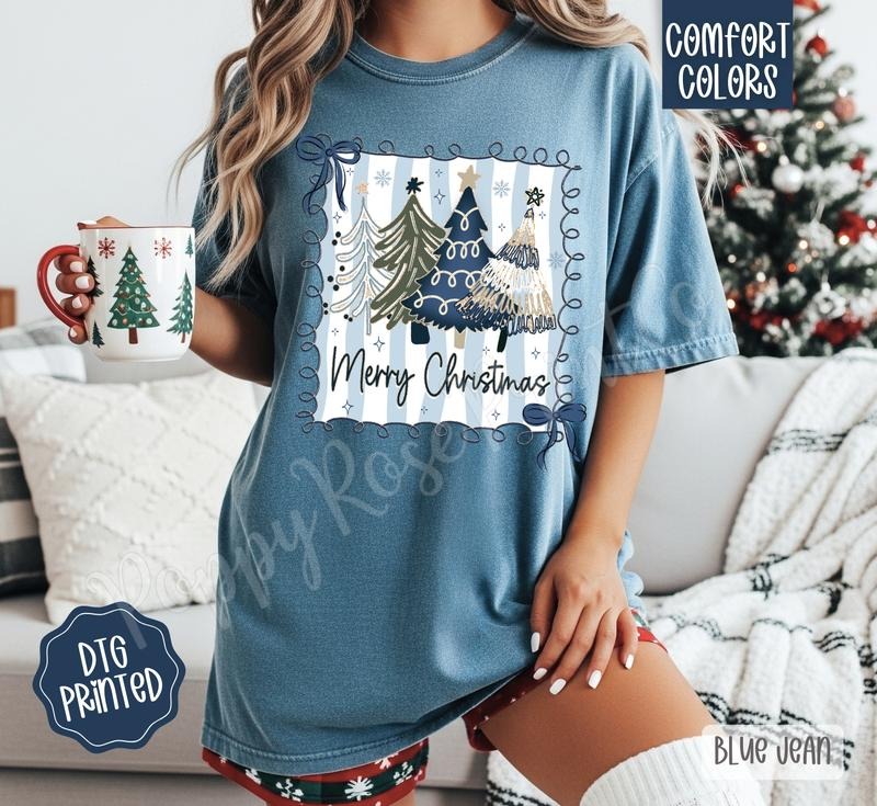 Blue Christmas Comfort Colors, Trendy Women's Holiday Tshirt Hoodie, Sweatshirt | CiraTrend.com