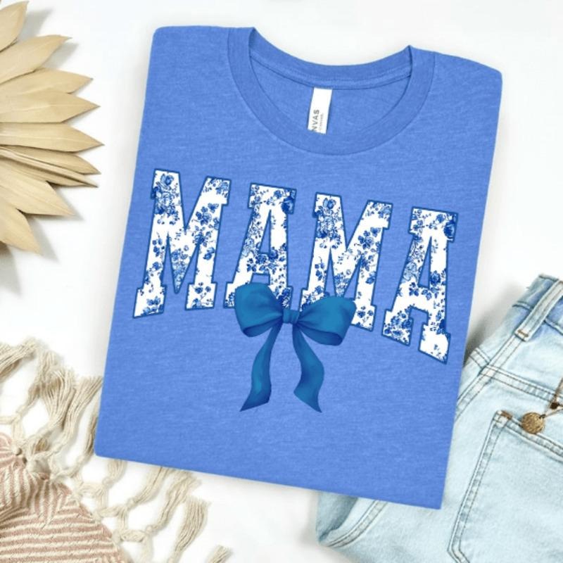 Blue Floral Mama with Bow Graphic Tee Hoodie, Sweatshirt | CiraTrend.com