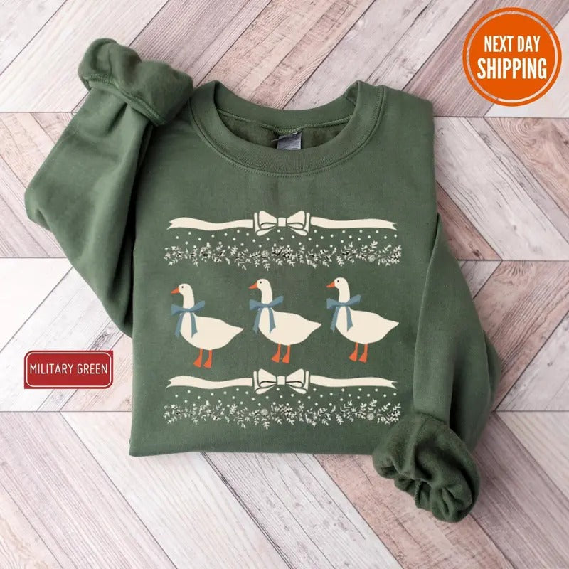 Blue Ribbon Goose Ugly Sweater, Cute Coquette Bows and Adorable Doodle Hearts Hoodie, 0s Aesthetic Soft Girl Style Sweatshirt, Trendy Shirt