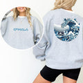 Blue Wave Cat 2-Sided Sweatshirt, Ukiyo-e Inspired Japanese Artistic Cats Crewneck, Childless Cat Ladies Tops, Trendy Cat...
