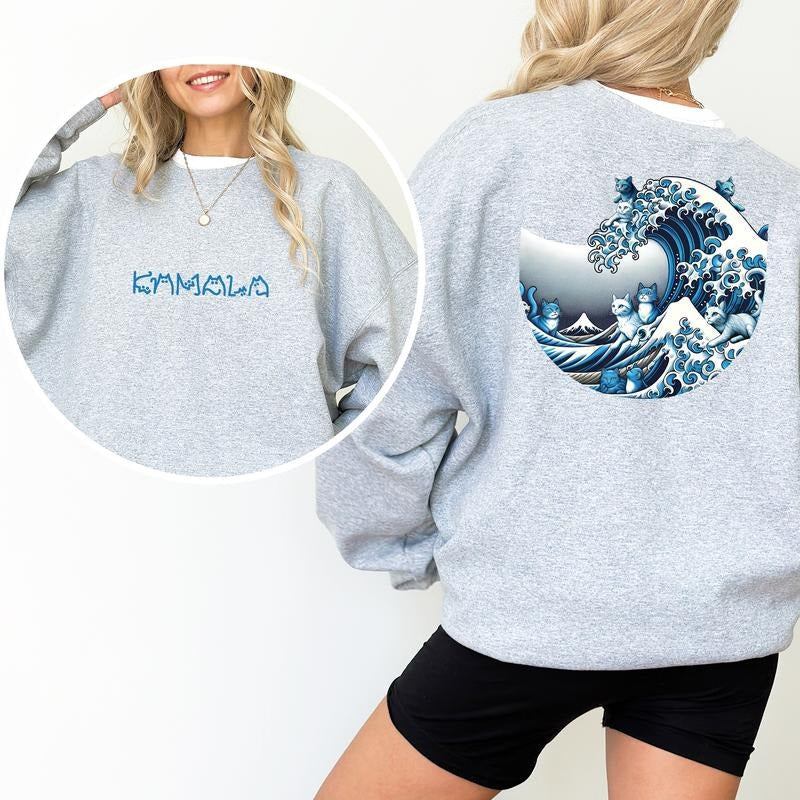 Blue Wave Cat 2-Sided Sweatshirt, Ukiyo-e Inspired Japanese Artistic Cats Crewneck, Childless Cat Ladies Tops, Trendy Cat...