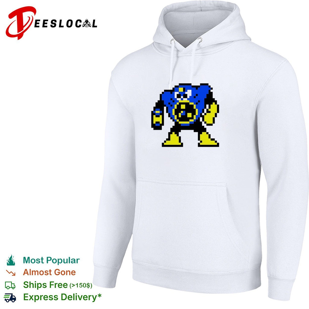 Blue robot pixel art Mega Man style shirt