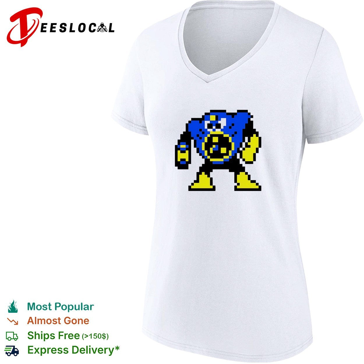 Blue robot pixel art Mega Man style shirt