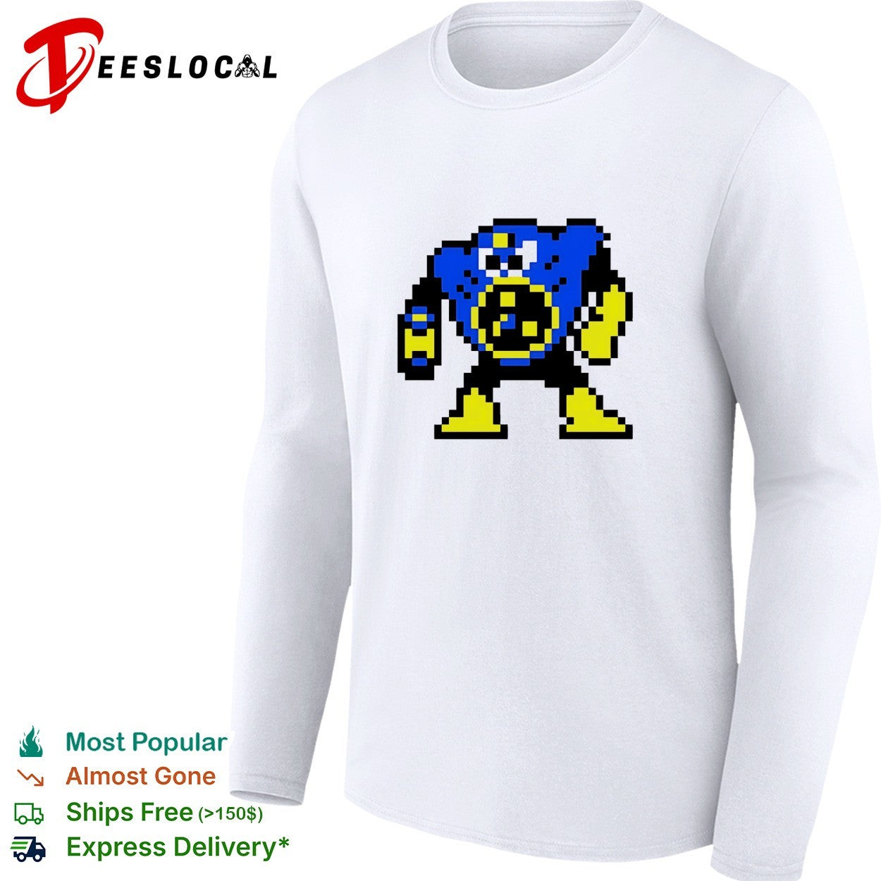 Blue robot pixel art Mega Man style shirt
