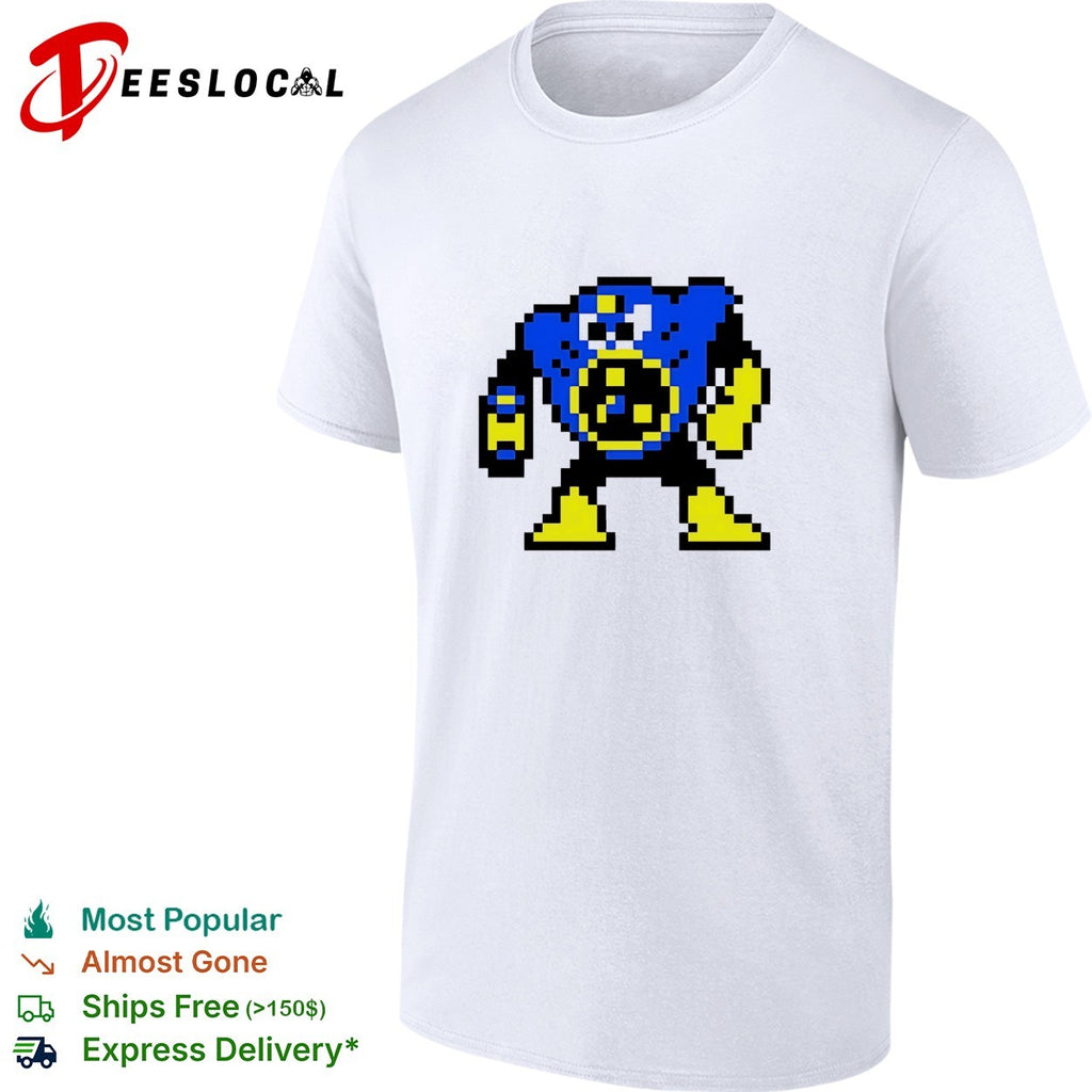 Blue robot pixel art Mega Man style shirt