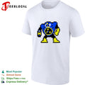 Blue robot pixel art Mega Man style shirt