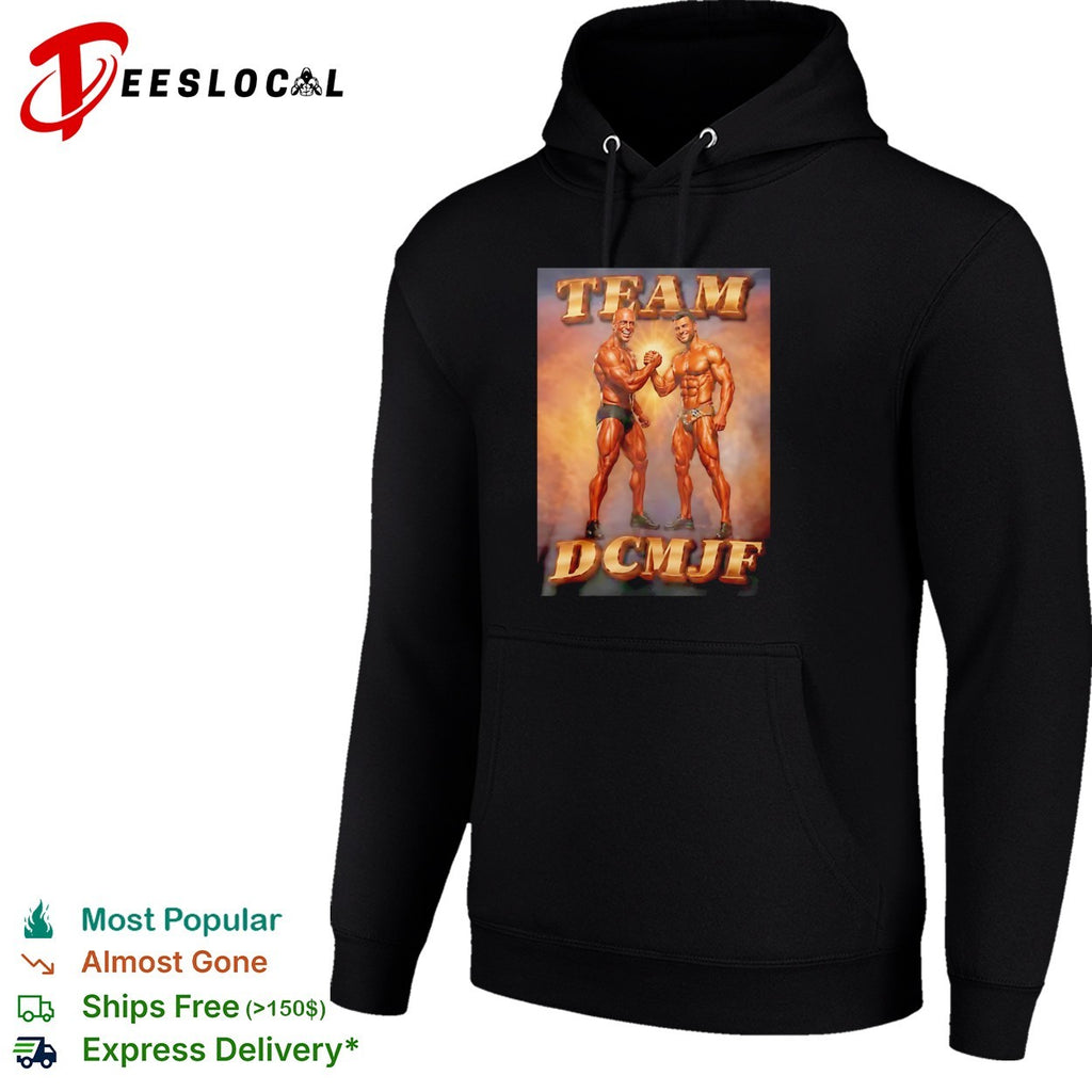 Bodybuilders fist bump team DCMJF shirt