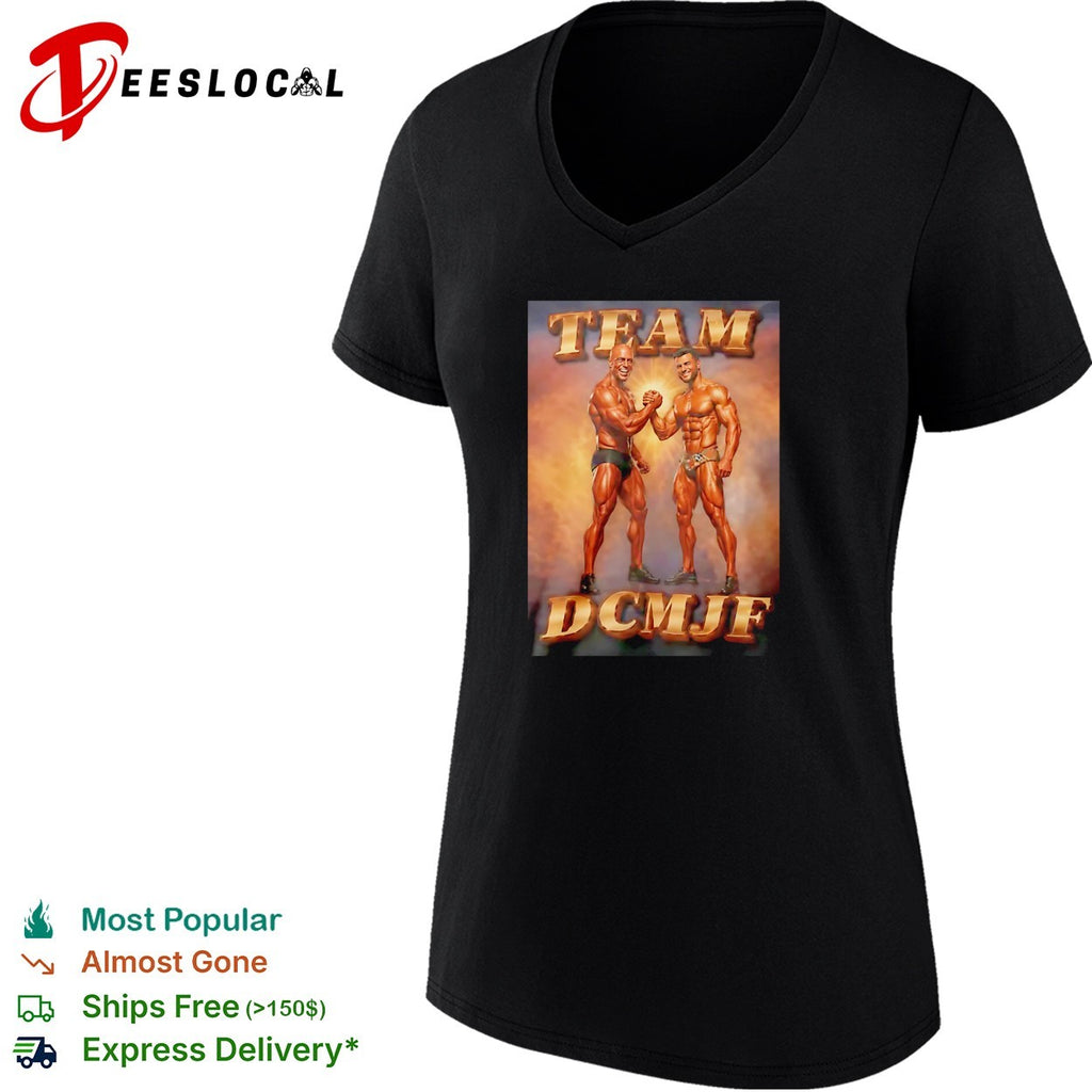 Bodybuilders fist bump team DCMJF shirt