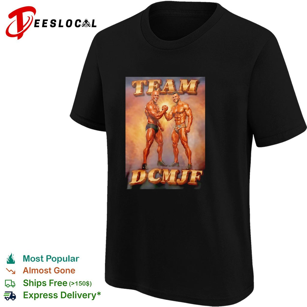 Bodybuilders fist bump team DCMJF shirt
