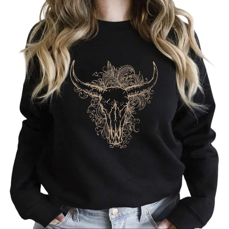 Boho Bull Skull Sweatshirt, Country Shirts, Flower Longhorn Skull Hoodie, Cowgirl Wild West Western Country Gifts Cotton...