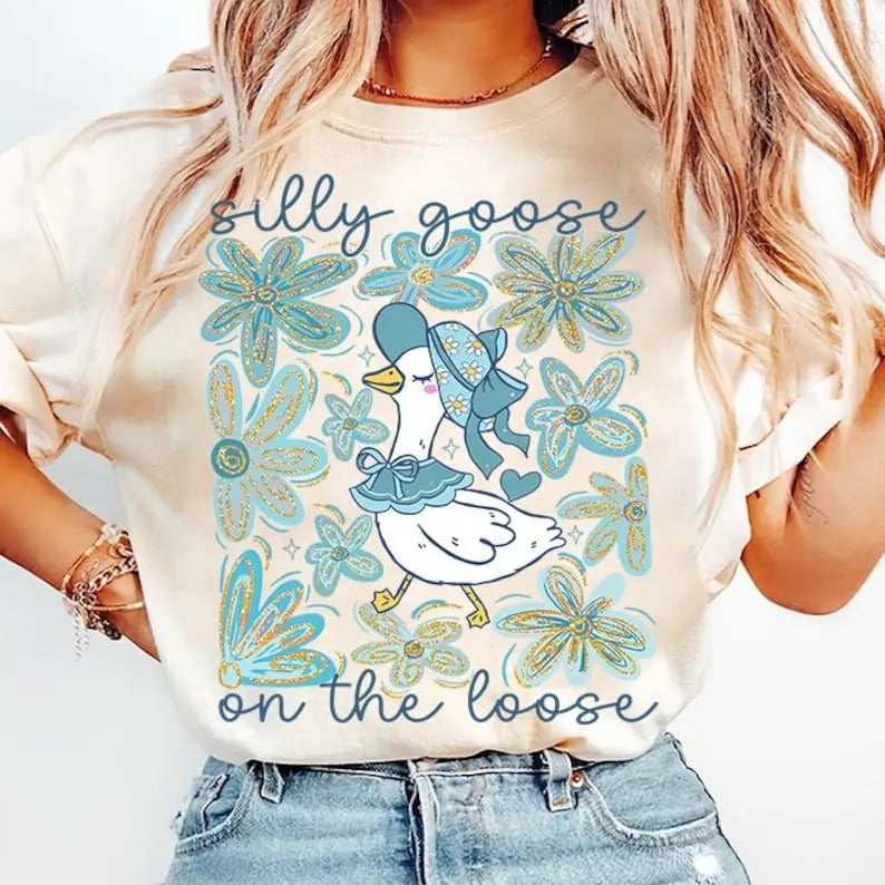 Boho Floral Goose Tshirt, Mama Goose Shirt, Spring Floral Tee, Silly Goose on the loose Girly Shirt, Coquette Bow, Trendy...