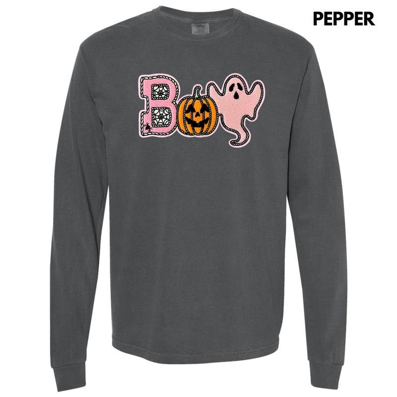 Boo Spider Pumpkin Ghost Chenille Patch Long Sleeve Comfort Colors T-Shirt Hoodie, Sweatshirt | CiraTrend.com