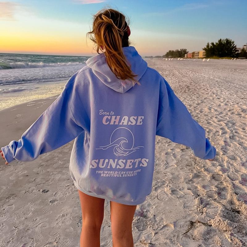 Born to chase sunsets Hoodie Polyester Womenswear Oversized Sweaters Tops Women Pullover T-Shirts, Sweatshirt | CiraTrend.com