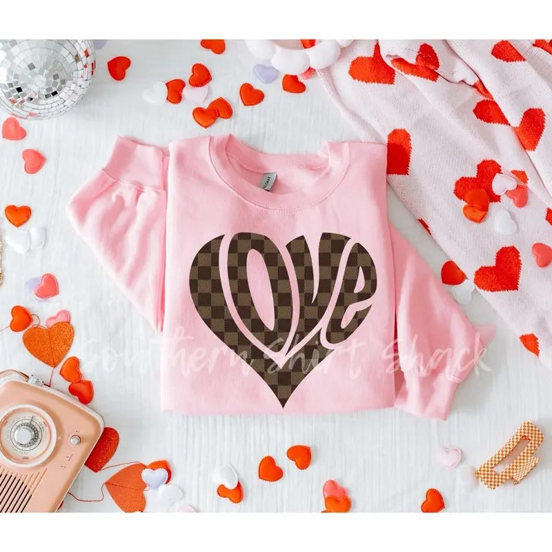 Brown Checkered Love Sweatshirt | Light Pink Sweatshirt T-Shirts, Hoodie | CiraTrend.com