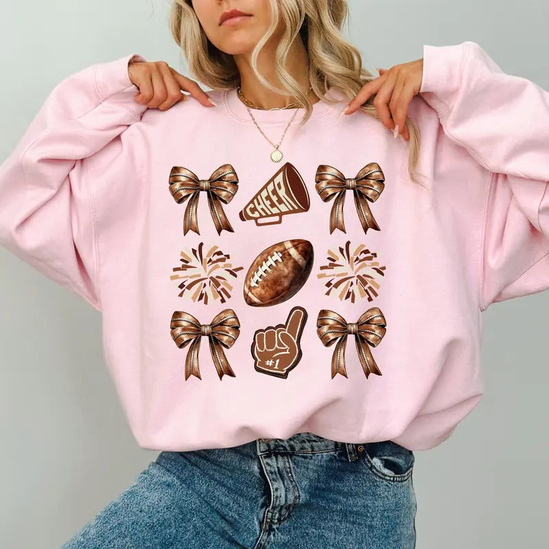 Brown Coquette Bow Football Sweatshirt, Girly Football Crewneck for Girls, Brown Team Game Day Sweatshirt, Cheerleading Outfits, Cheerleader Sweater for Women, Touchdown Season Crewneck, Comfy Cotton Long Sleeve Pullover, Women's Tops, Casual Womenswear