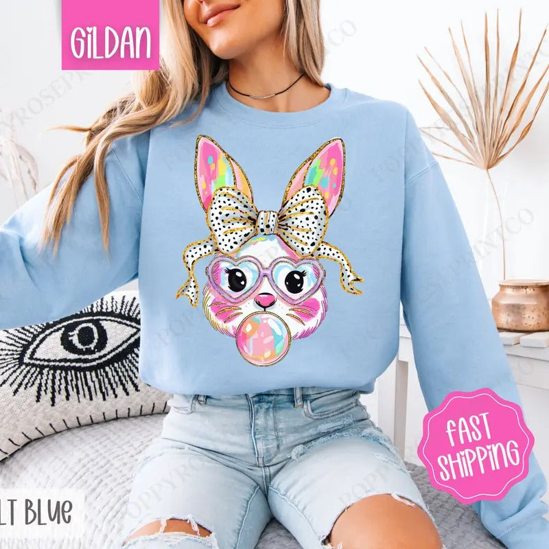 Bubble Bunny Sweatshirt, Easter Crewneck, Trendy Bunny Women's Sweater, Gift for Her
