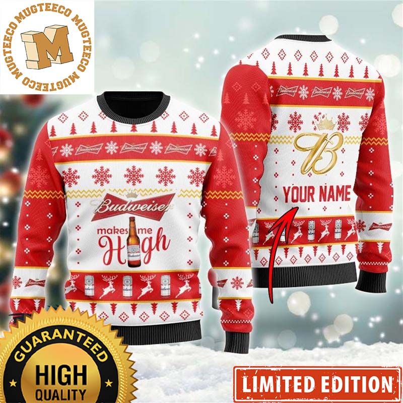 Budweiser Makes Me High Personalized Red And White Knitting Funny Christmas Ugly Sweater