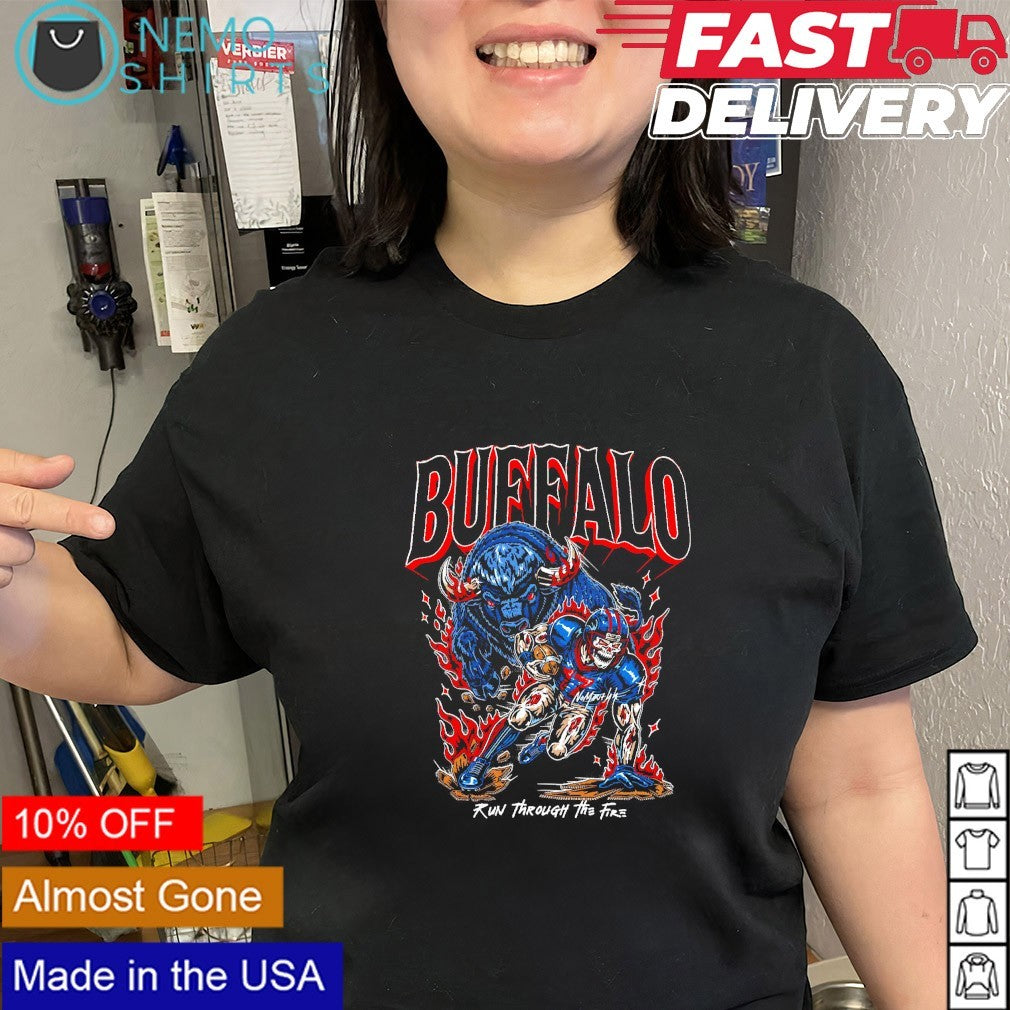 Buffalo Bills run through the fire mascot and skeleton player shirt