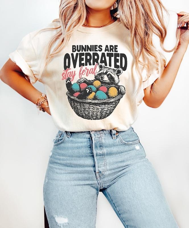 Bunnies Are Overrated Stay Feral Tshirt, Funny Easter Raccoon T-Shirt Graphic, Feral Easter Shirt, Women T-Shirt, Trendy...
