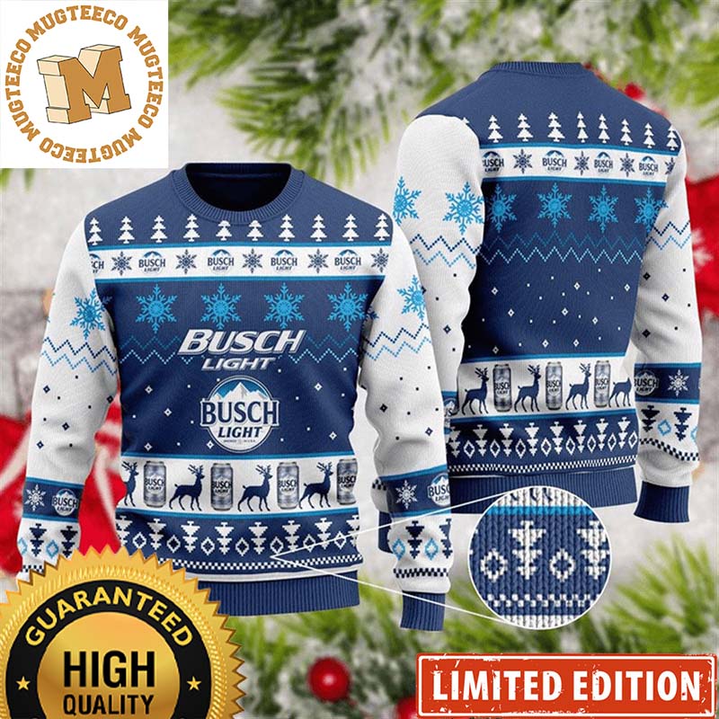 Busch Light Big Logo With Snowflakes And Pine Tree Knitting Pattern White And Blue Christmas Ugly Sweater