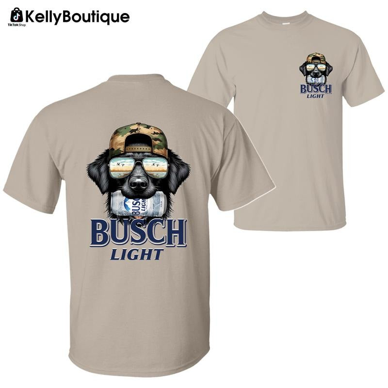 Busch Light Black Retriever Hunting Dog Biting a Busch Beer Can 2 Sided Graphic Printed Unisex Classic Cotton T-Shirt...