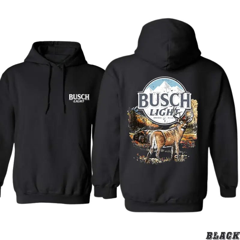 Busch Light Hoodie - Majestic Deer and Mountain Design, Unisex Classic Fit - Sweaters, Menswear T-Shirts, Sweatshirt
