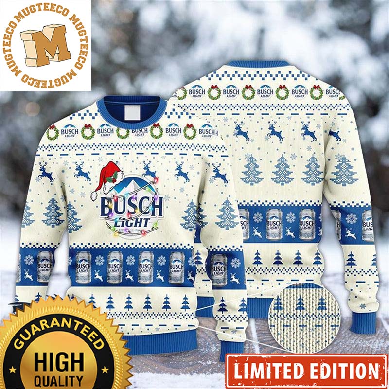 Busch Light Logo With Sân Hat Reindeer Snowy Night White Holiday Ugly Sweater