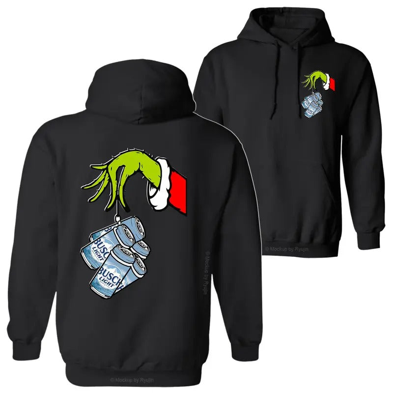 Busch Light The Grin Hand Holding Busch Beer Cans Green Guy Christmas Season 2 Sided Graphic Printed Unisex Classic...