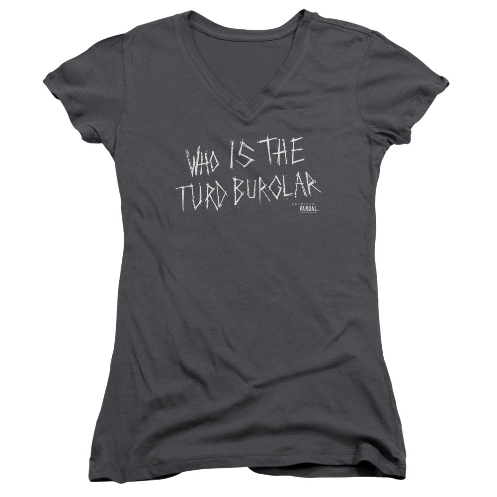 American Vandal Turd Burglar Junior Sheer Cap Sleeve V-Neck Womens T Shirt Charcoal Hoodie, Sweatshirt (Image 1)