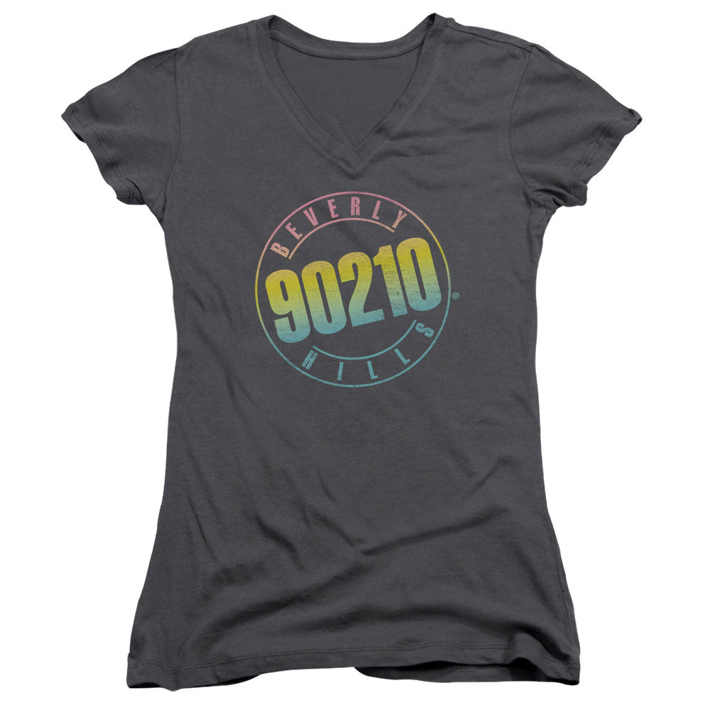 90210 Color Blend Logo Junior Sheer Cap Sleeve V-Neck Womens T Shirt Charcoal Hoodie, Sweatshirt | CiraTrend.com (Image 1)