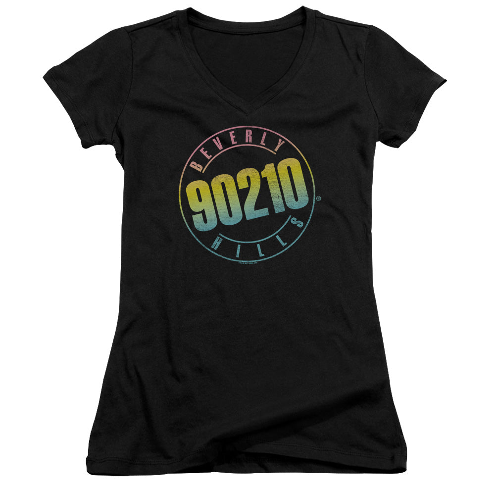 90210 Color Blend Logo Junior Sheer Cap Sleeve V-Neck Womens T Shirt Black Hoodie, Sweatshirt | CiraTrend.com (Image 1)