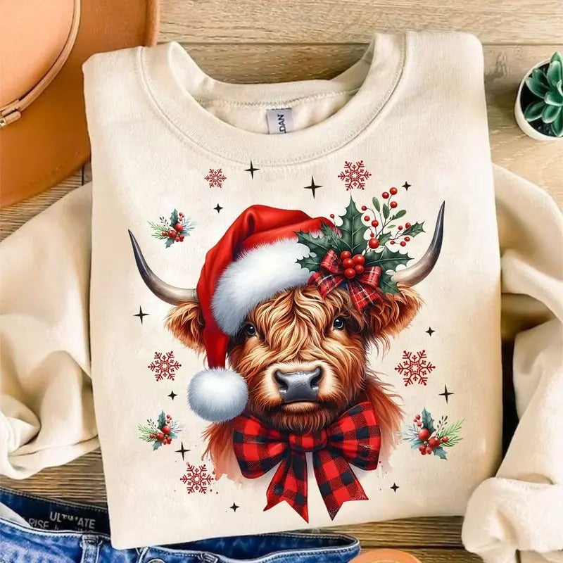 CChristmas Coquette Highland Cow Sweater, Western Christmas Unisex T-shirt, 100% Cotton