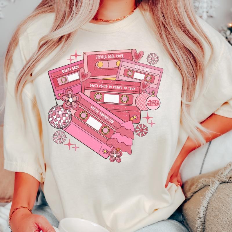 CHRISTMAS CASSETTE VARSITY T-SHIRT (COMFORT COLORS T-SHIRT, CASUAL SHIRT UNISEX, CHRISTMAS CLOTHING, GRAPHIC APPAREL, HOLIDAY SHIRT) Cotton Fabric